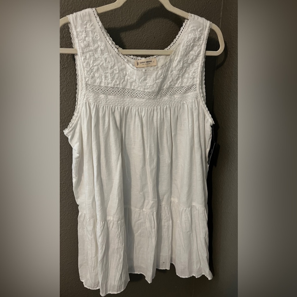 Lucky Brand White Lace Detail Lined Linen Blend Dress Size L NWT MSRP $129